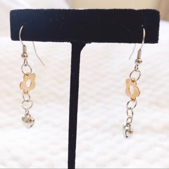 Silver & Gold Cute Heart Dangle Earrings - Picture 1 of 7